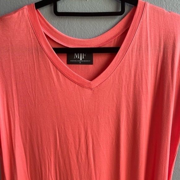 NWOT MF Designs boho soft stretchy knit v-neck pockets coral tee maxi dress. Sm - Picture 3 of 8